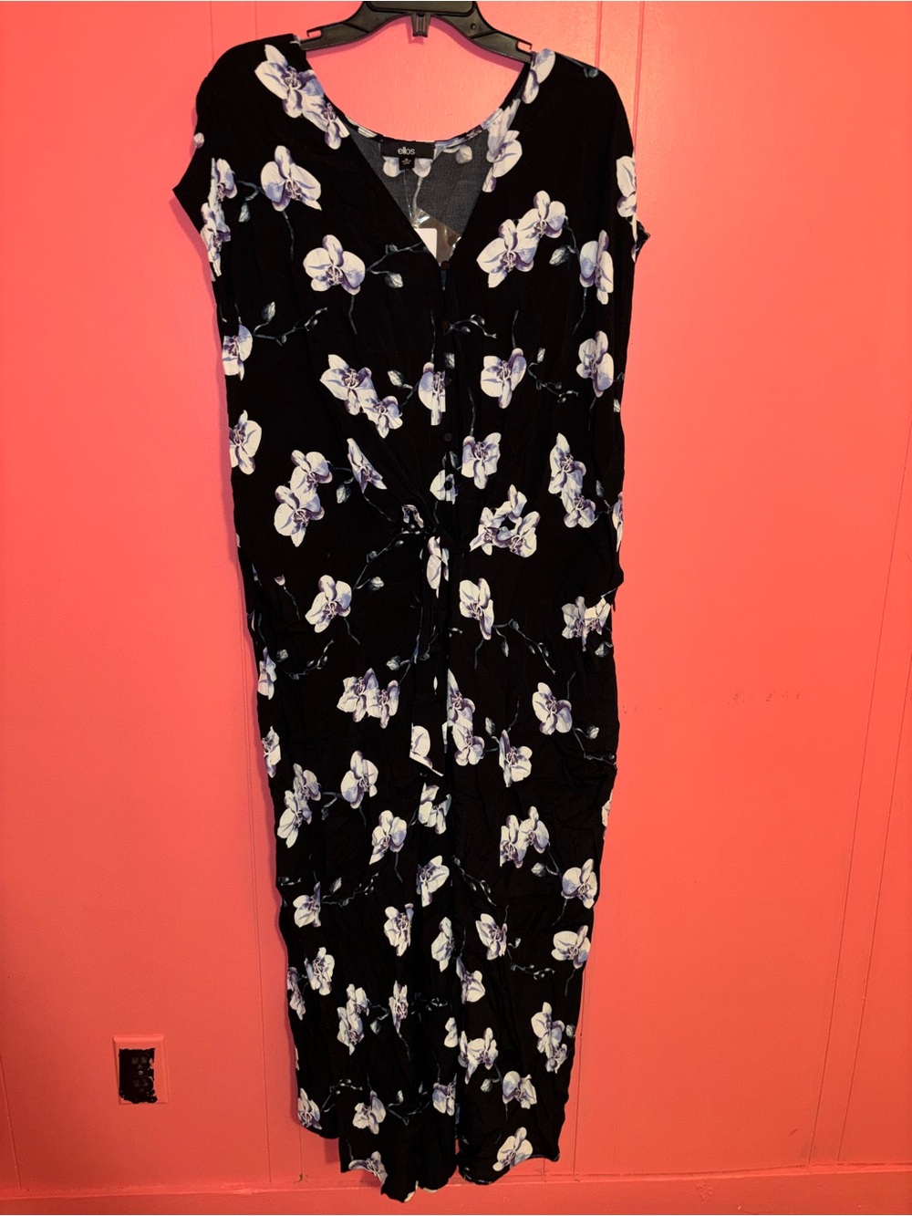 Ellos Black Floral Button-Front Maxi Dress with White & Lavender Flowers